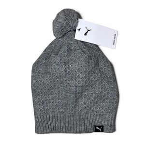 Puma Womens Pom Pom Beanie Gray Knit Winter Hat Textured Athletic Cap NWT